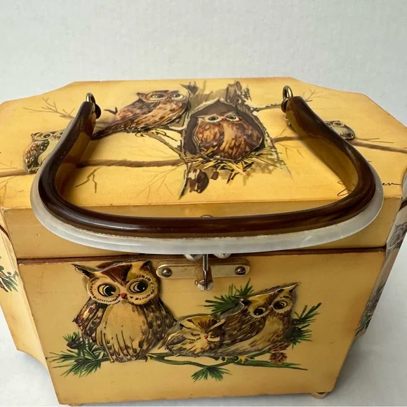 Wood Box 3D Decoupage Purse Octagon Brass Clasp Owls Vintage 60s/70s - Picture 8 of 16